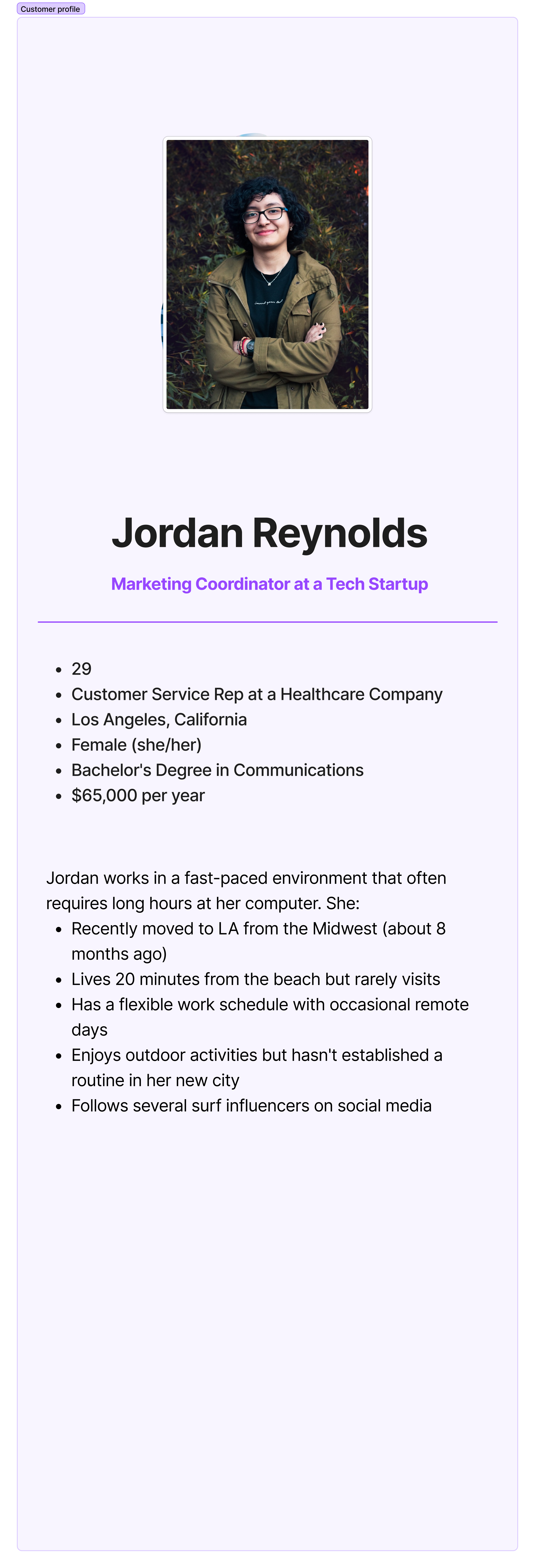 Jordan Reynolds persona showing demographics, motivations, and contextual factors